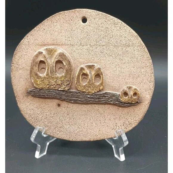 MCM Clay Wall Hanging Trio Of Owls On Branch Family Signed - Picture 1 of 7